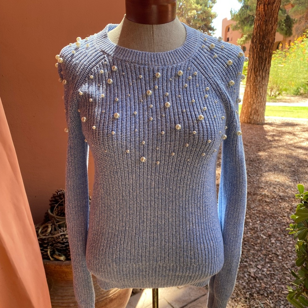 LOFT Light Blue Pearl-Studded Sweater